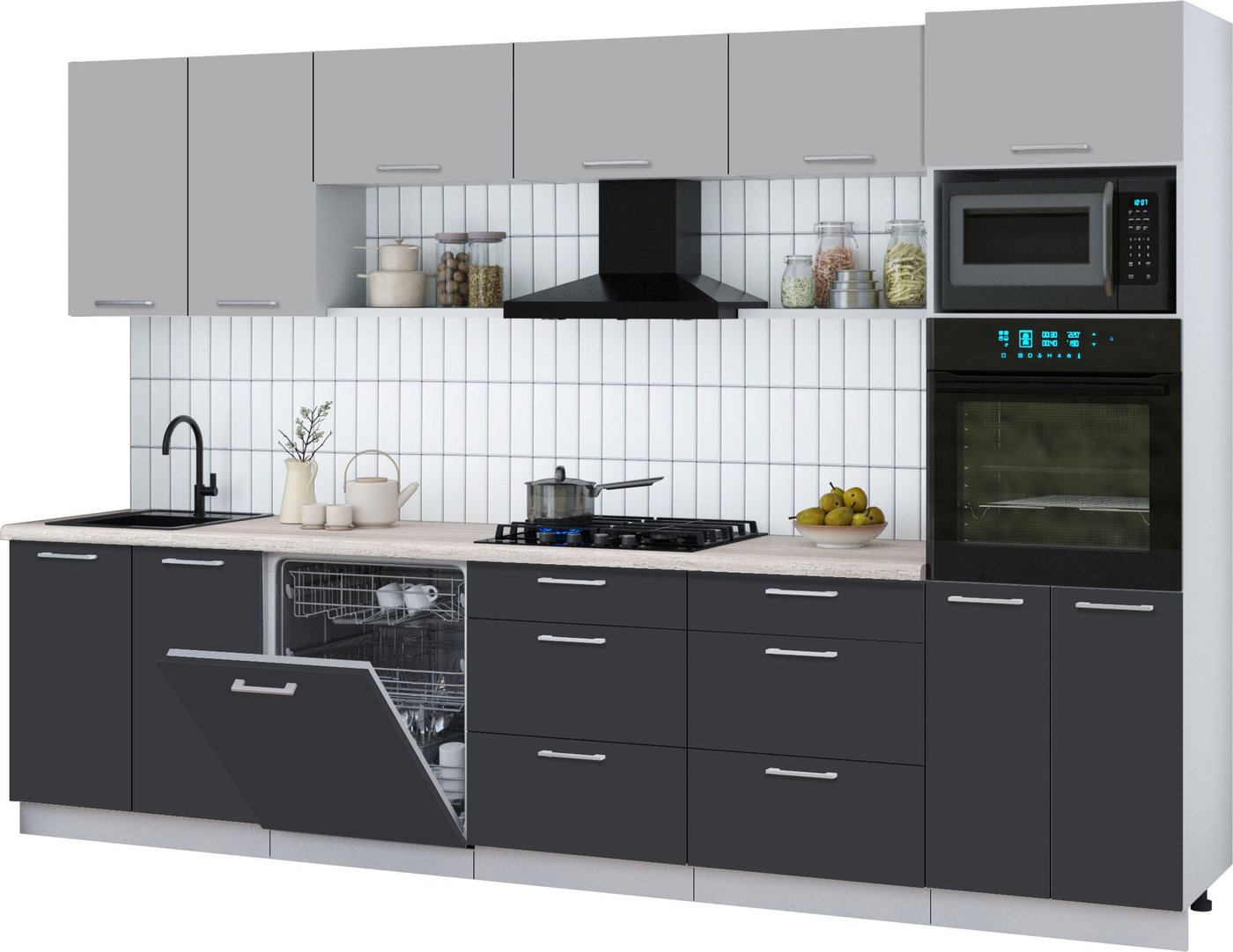 

Готовая кухня Интерлиния Мила Gloss 3.2-ПМ1 (пепел/грей/травертин серый)