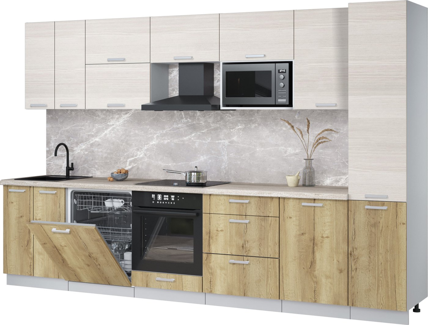 

Готовая кухня Интерлиния Мила Лайт 3.3-ПМ2 (вудлайн кремовый/дуб золотой/травертин серый)