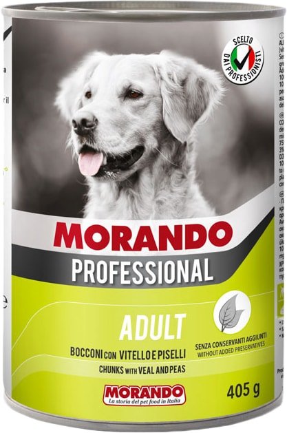 

Консервированный корм для собак Morando Professional Adult крупные кусочки с телятиной и горошком 405 г