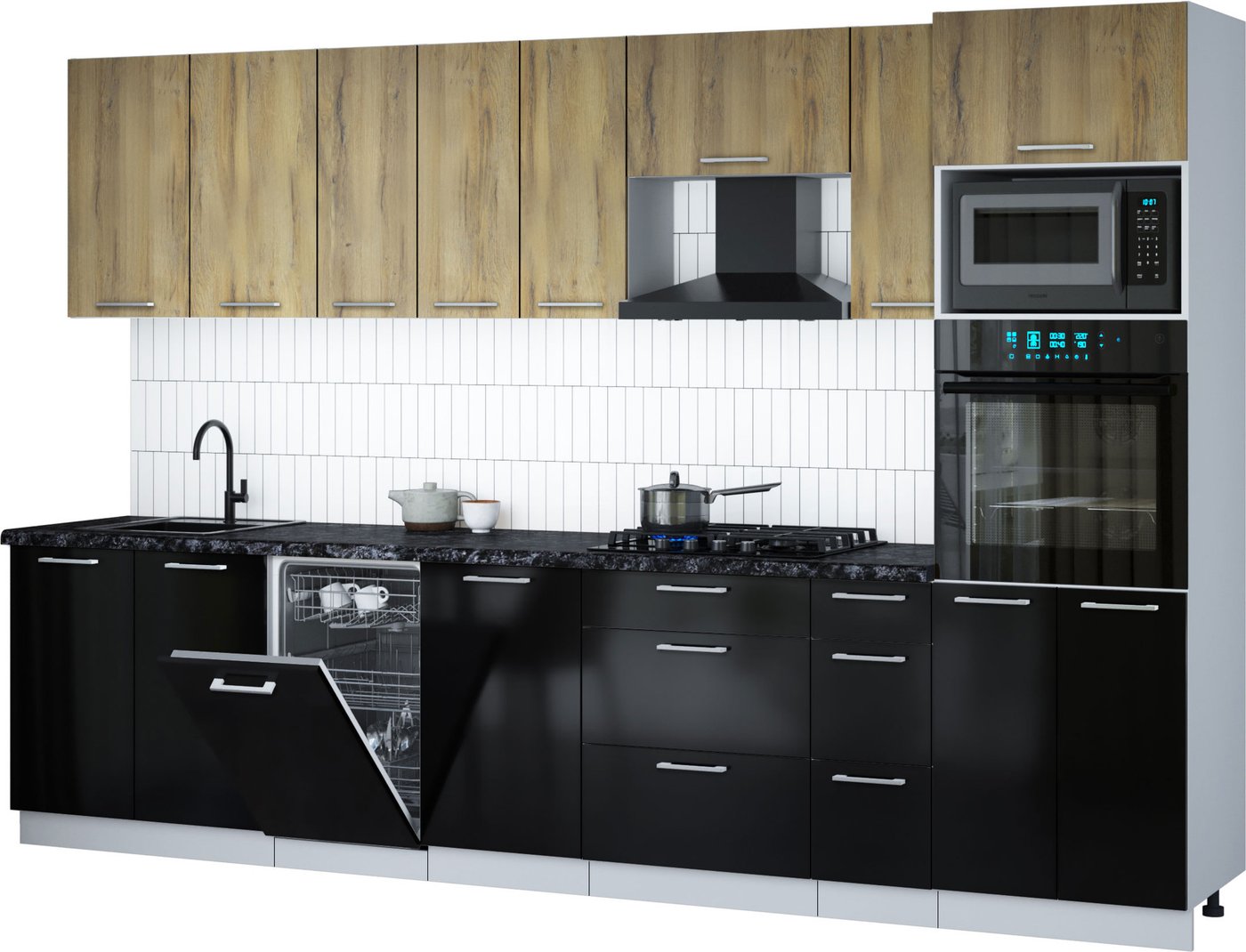 

Готовая кухня Интерлиния Мила Gloss 3.2-ПМ3 (черный глянец/дуб вотан/кастилло темный)