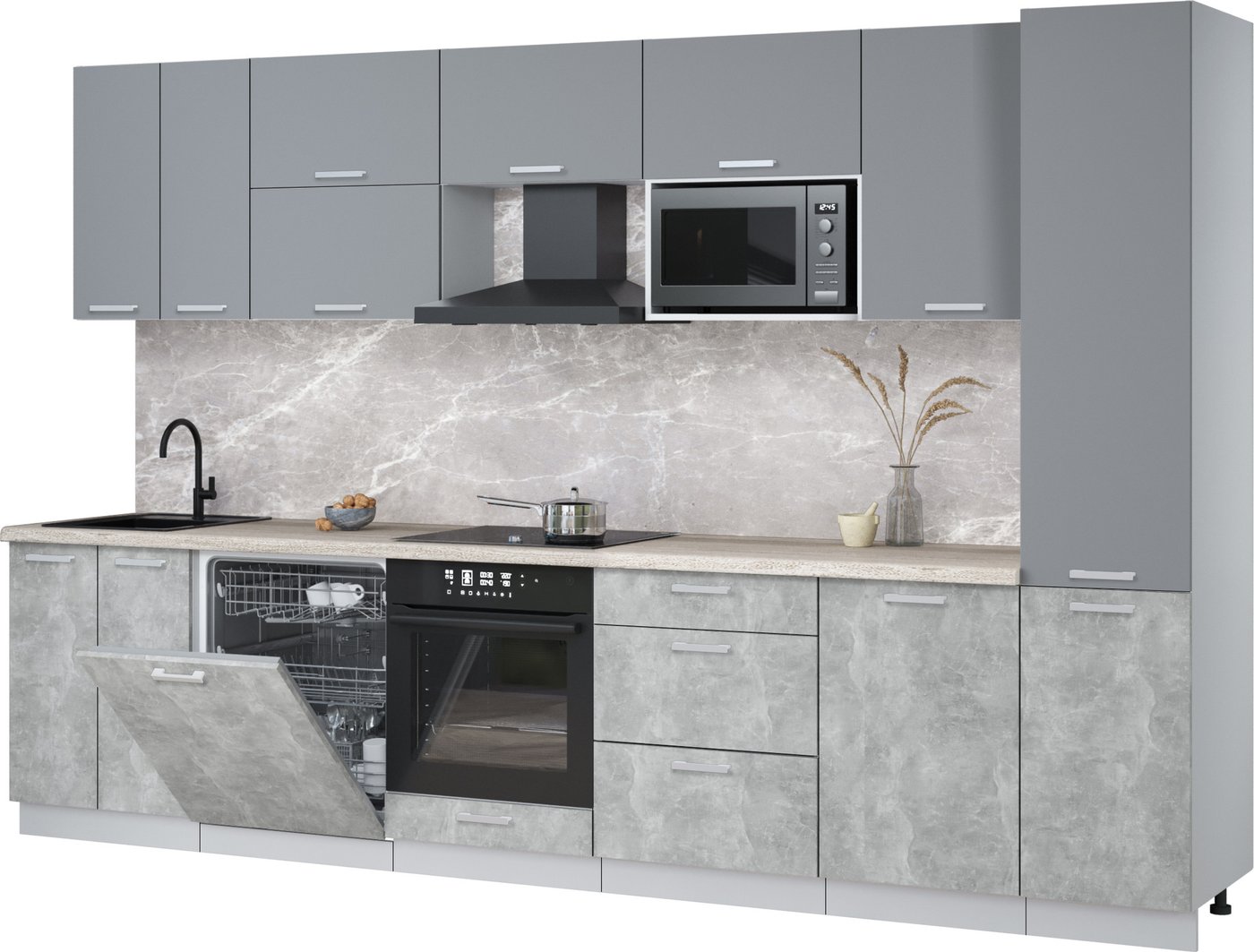 

Готовая кухня Интерлиния Мила Лайт 3.3-ПМ2 (серебро/бетон/травертин серый)