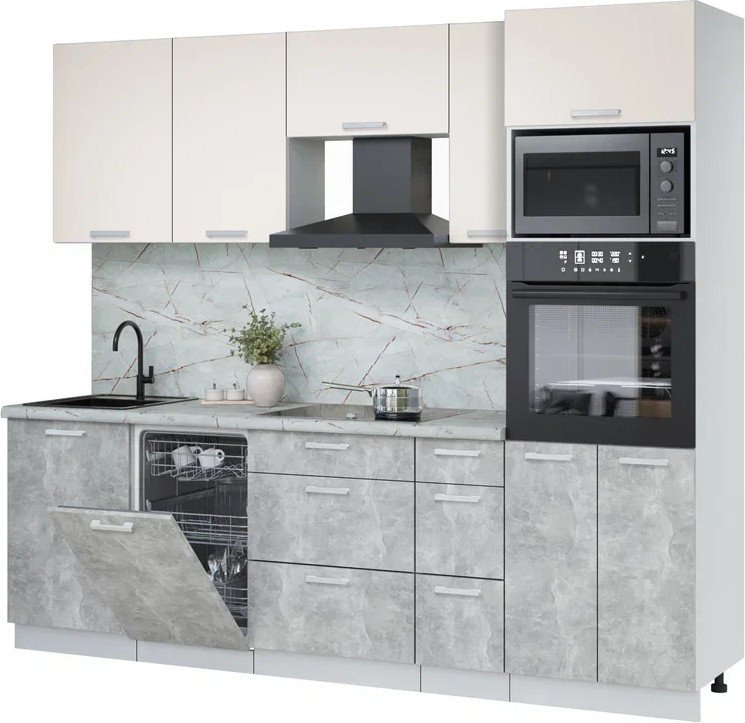 

Готовая кухня Интерлиния Мила Лайт 2.45-ПМ3 (персидский жемчуг/бетон/серый каспий)