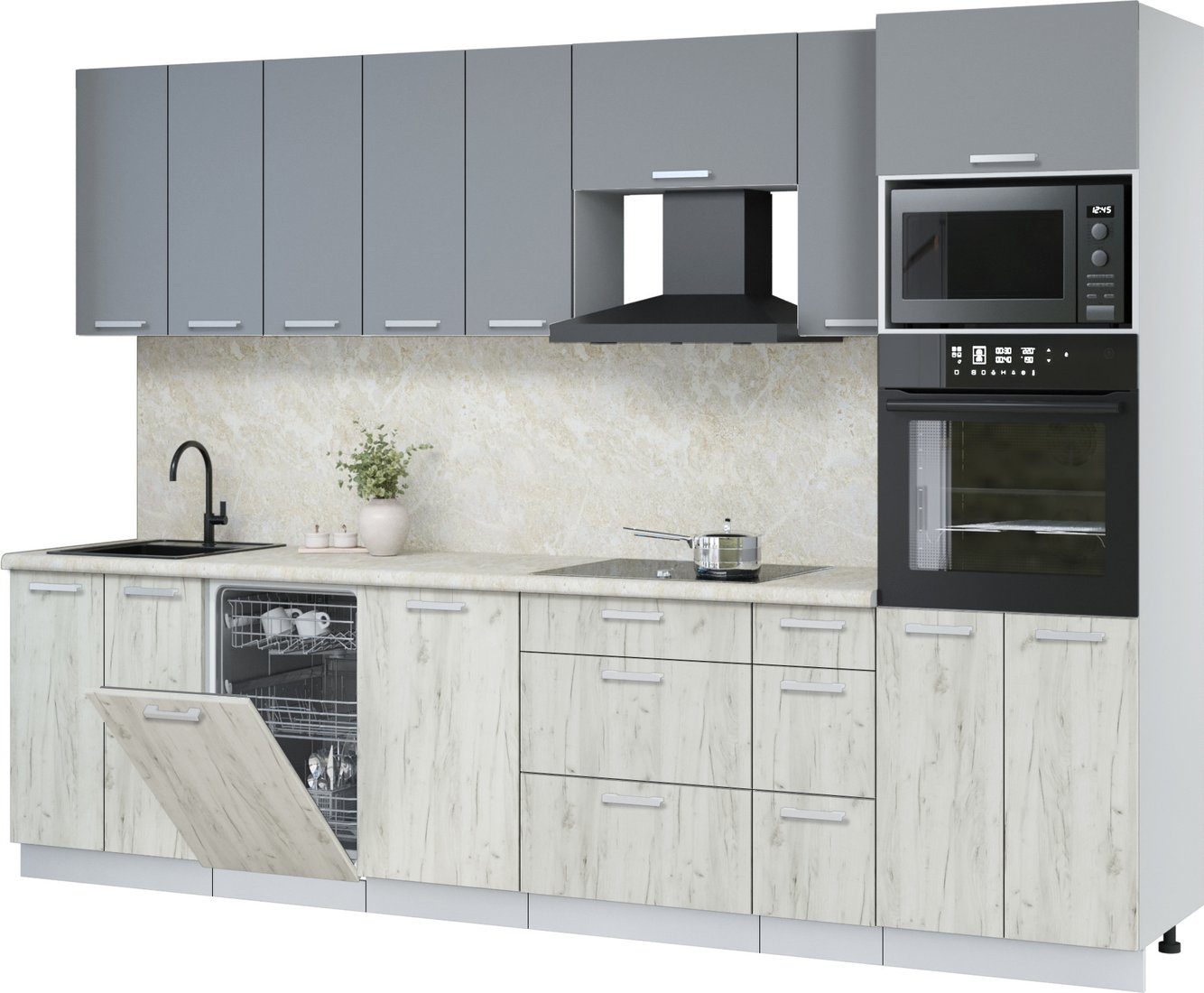 

Готовая кухня Интерлиния Мила Лайт 3.0-ПМ3 (серебро/дуб белый/опал светлый)