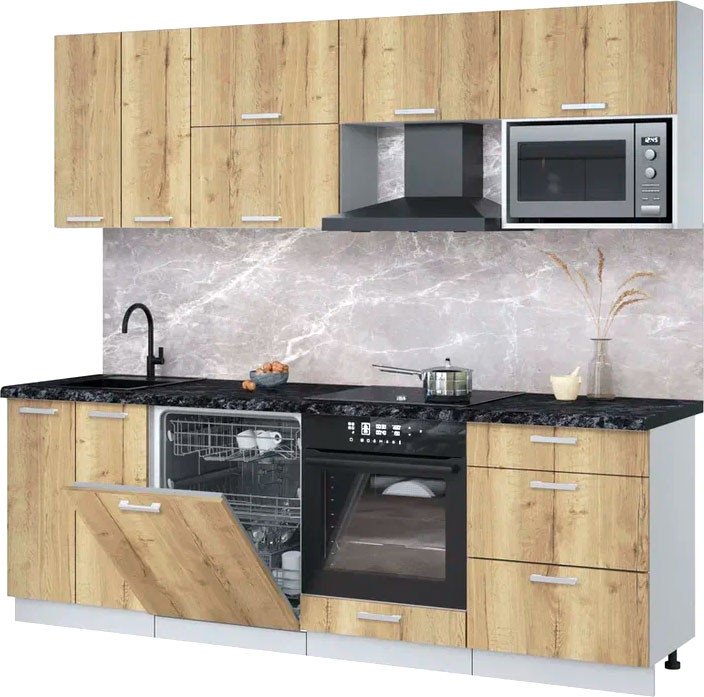 

Готовая кухня Интерлиния Мила Лайт 2.4-ПМ2 (дуб золотой/дуб золотой/кастилло темный)