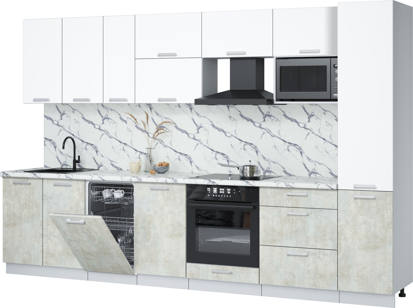 

Готовая кухня Интерлиния Мила Лайт 3.3-ПМ4 (белый платинум/бетон лайт/белый гранит)