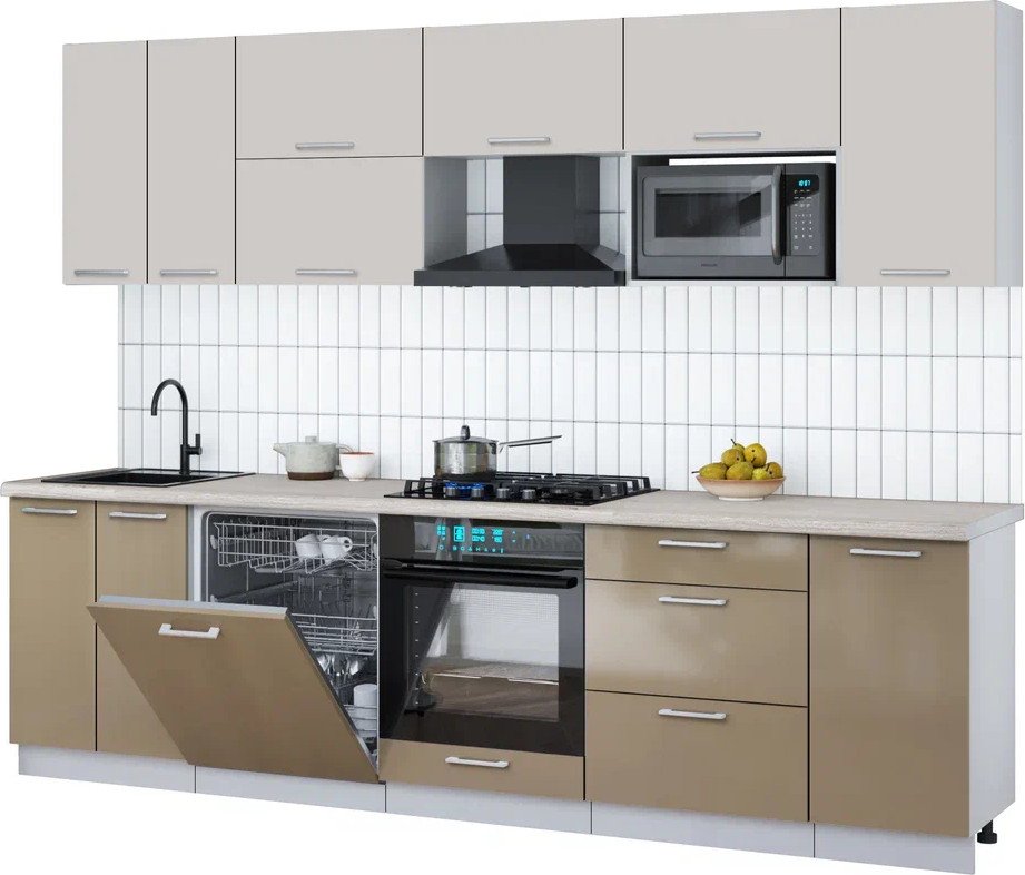 

Готовая кухня Интерлиния Мила Gloss 2.8-ПМ2 (капучино глянец/кашемир/травертин серый)