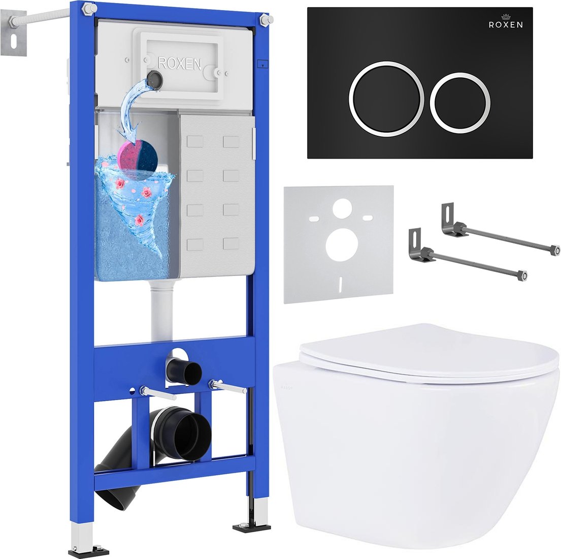 

Унитаз подвесной Roxen Antares One Rimless 6 в 1 StounFix Dual Fresh 506406 (кнопка: черный матовый)