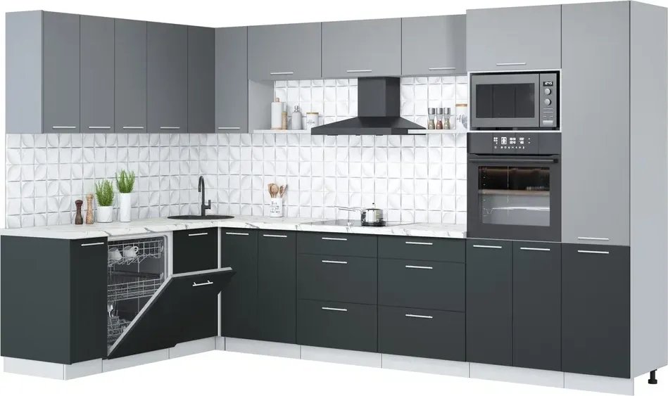 

Готовая кухня Интерлиния Мила Лайт 1.896х3.38 (серебро/антрацит/белый гранит)