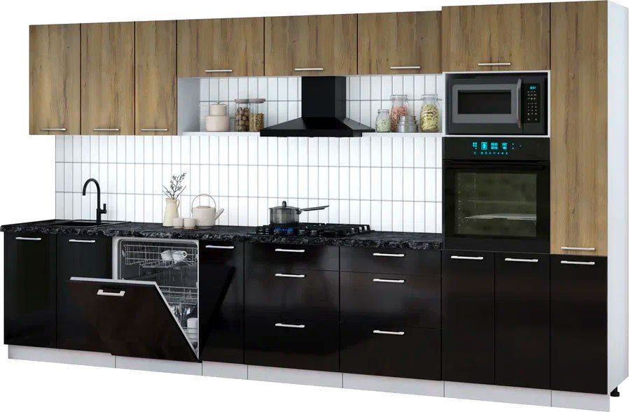 

Готовая кухня Интерлиния Мила Gloss 3.8-ПМ1 (черный глянец/дуб вотан/кастилло темный)