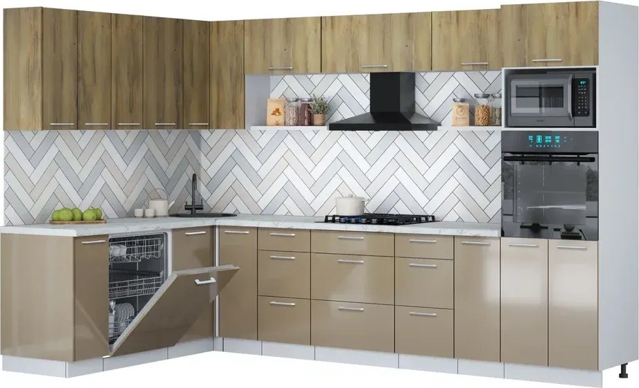 

Готовая кухня Интерлиния Мила Gloss 1.896х3.18 (капучино глянец/дуб вотан/серый каспий)