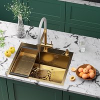 Кухонная мойка Roxen Simple 560220-60G-V золото/текстурная PVD покрытие (с коландером и дозатором)