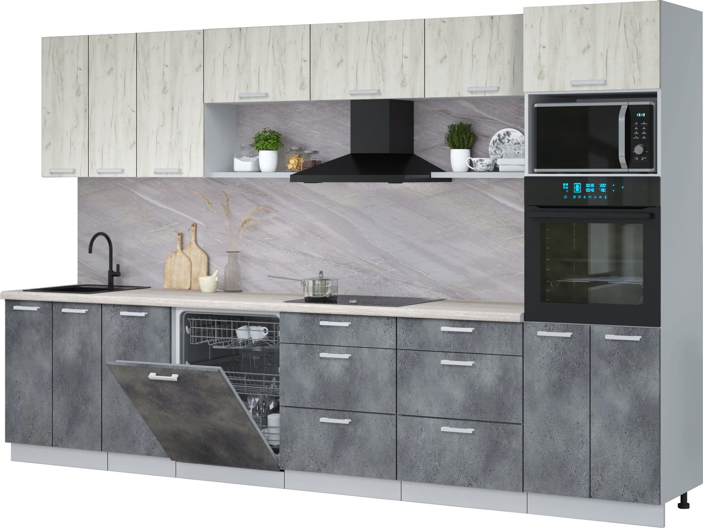 

Готовая кухня Интерлиния Мила Лайт 3.4-ПМ1-2 (дуб белый/бетон портленд/травертин серый)