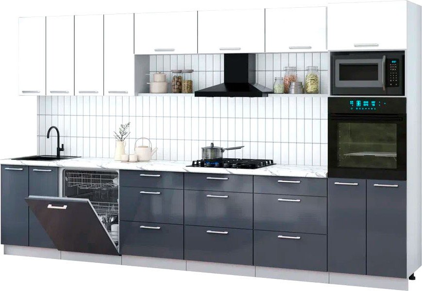 

Готовая кухня Интерлиния Мила Gloss 3.6-ПМ1-2 (асфальт глянец/белый глянец/белый гранит)