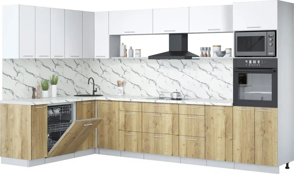 

Готовая кухня Интерлиния Мила Лайт 1.896х3.38-2 (белый платинум/дуб золотой/белый гранит)