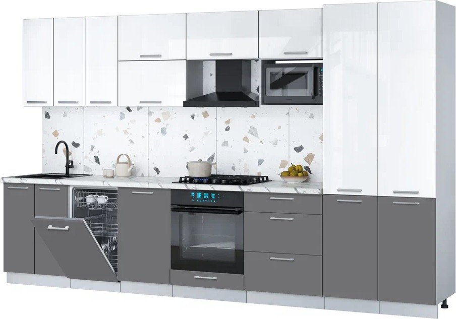 

Готовая кухня Интерлиния Мила Gloss 3.5-ПМ4 (серый/белый глянец/белый гранит)