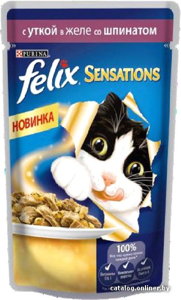 Консервированный корм для кошек Felix Sensations с уткой в желе со шпинатом 0.085 кг