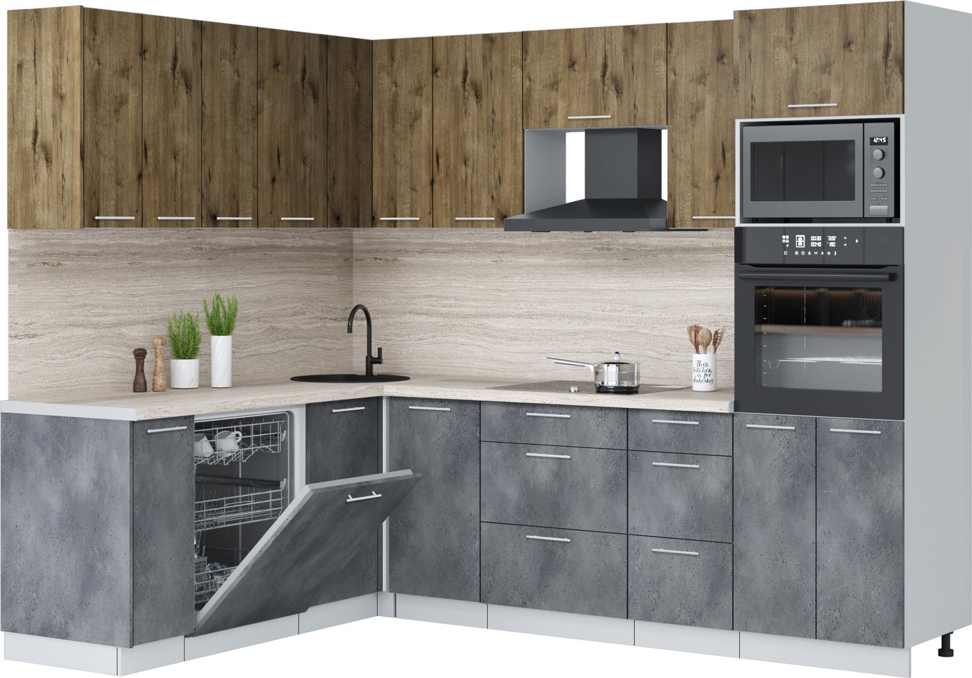 

Готовая кухня Интерлиния Мила Лайт 1.896х2.58 (дуб веллингтон/бетон портленд/травертин серый)