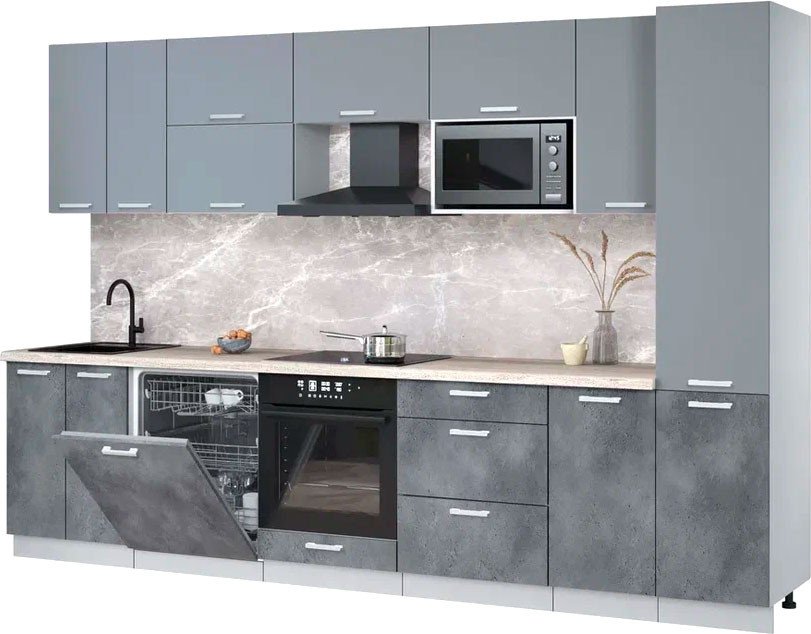 

Готовая кухня Интерлиния Мила Лайт 3.2-ПМ2 (серебро/бетон портленд/травертин серый)