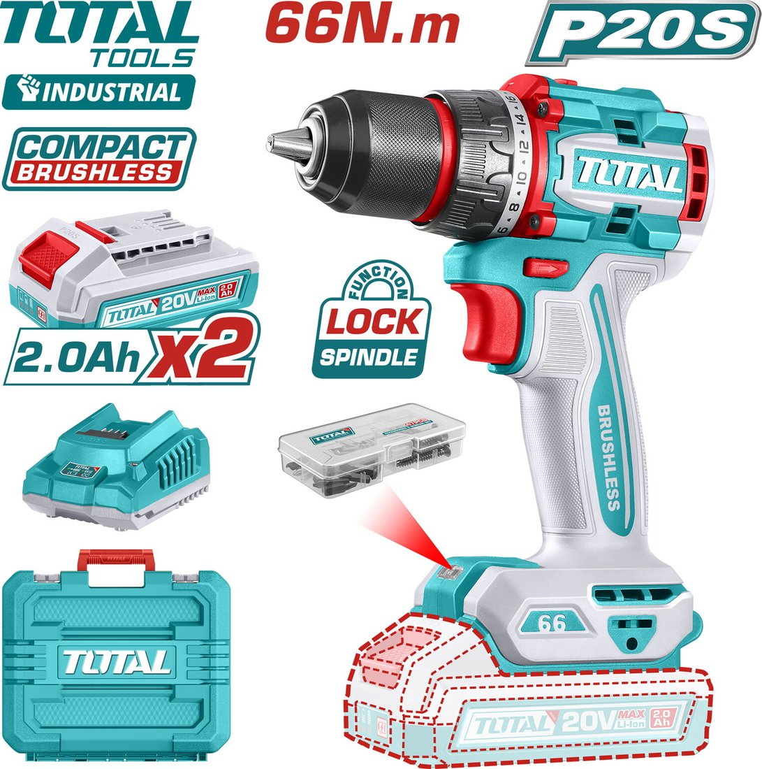 

Дрель-шуруповерт Total TDLI20668 (с 2-мя АКБ, кейс)