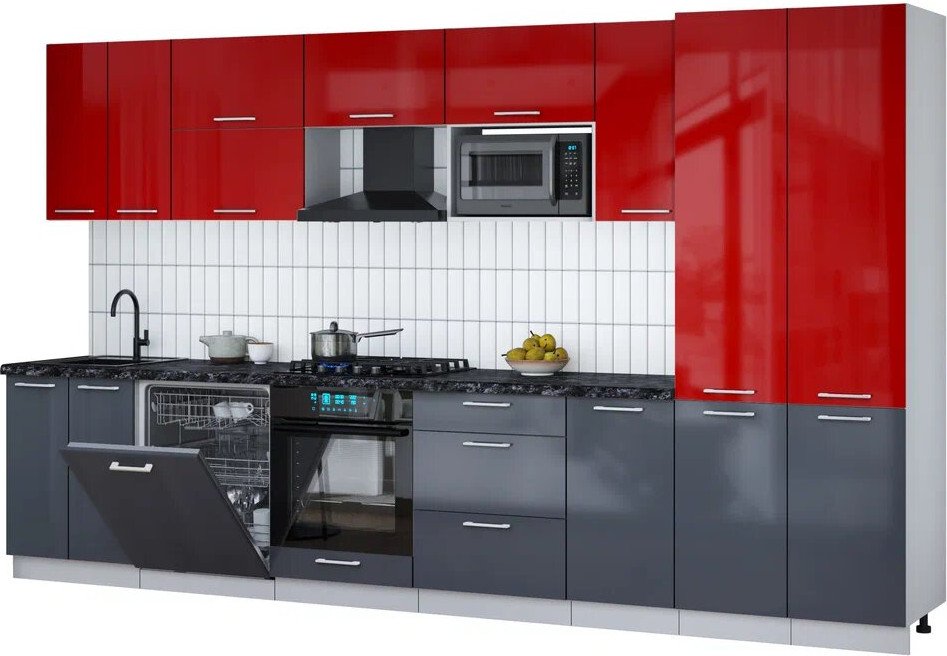 

Готовая кухня Интерлиния Мила Gloss 3.6-ПМ2 (асфальт глянец/красный глянец/кастилло темный)