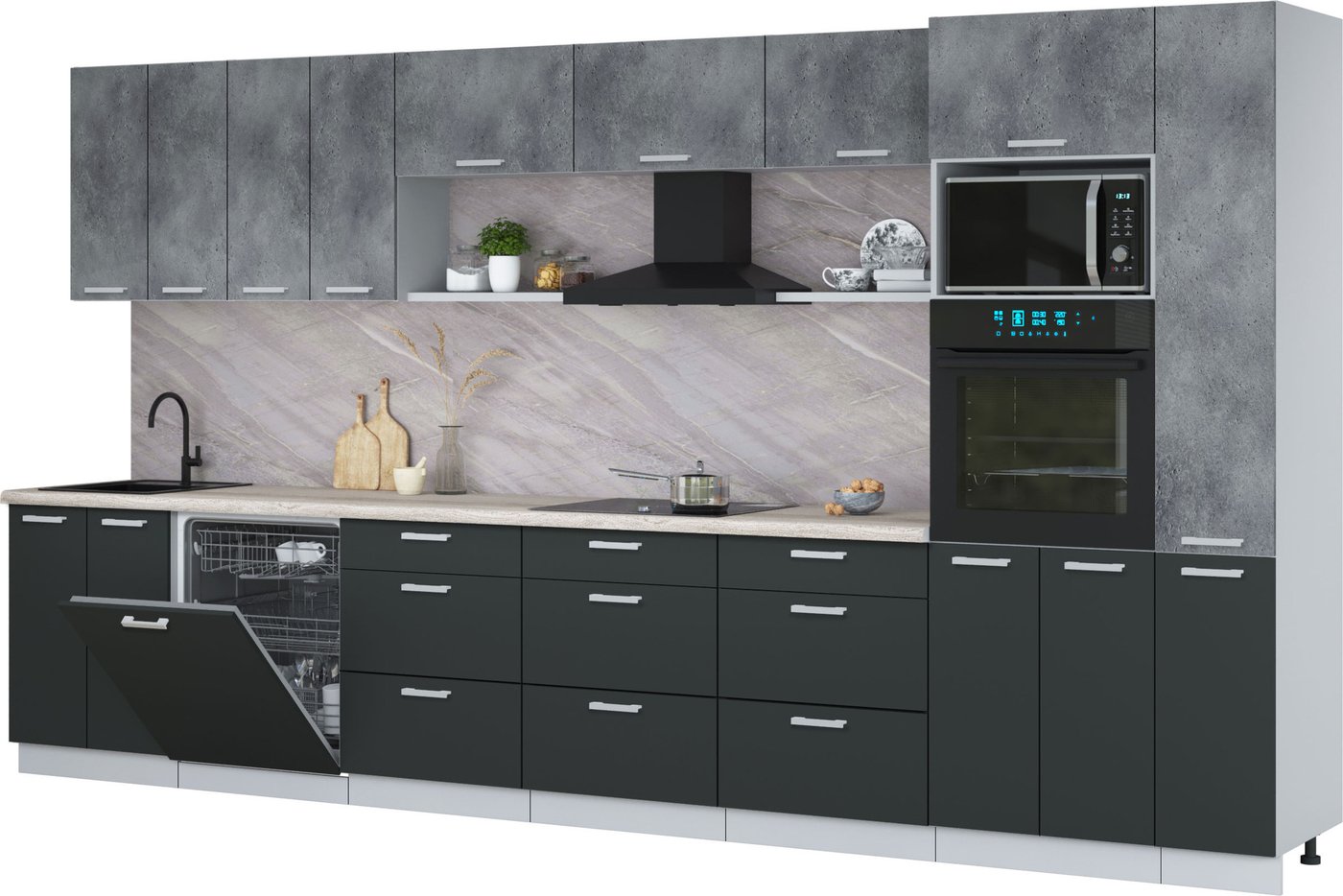 

Готовая кухня Интерлиния Мила Лайт 3.9-ПМ1 (бетон портленд/антрацит/травертин серый)