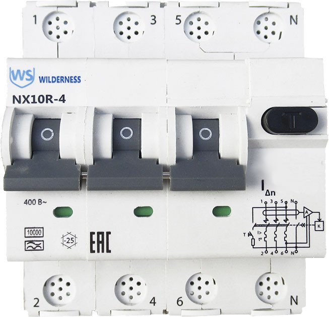 

Дифференциальный автомат Wilderness NX10R 3P+N C40 30mA A 10kA NX10R-4-040C-030A