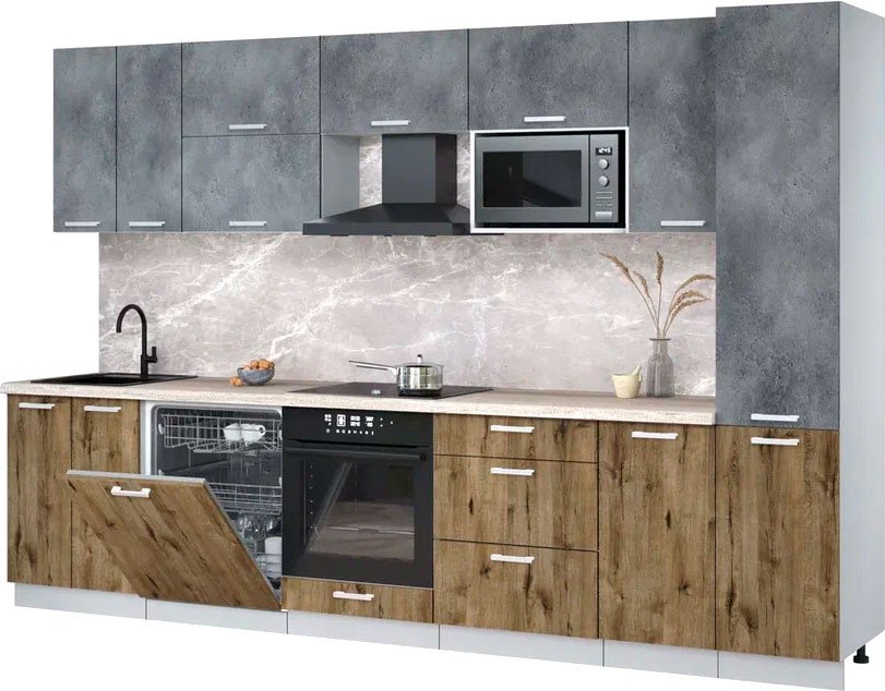 

Готовая кухня Интерлиния Мила Лайт 3.2-ПМ2 (бетон портленд/дуб веллингтон/травертин серый)