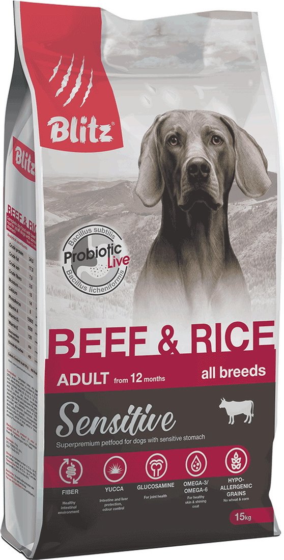 

Сухой корм для собак Blitz Sensitive Adult All Breeds Beef & Rice (с говядиной и рисом) 15 кг