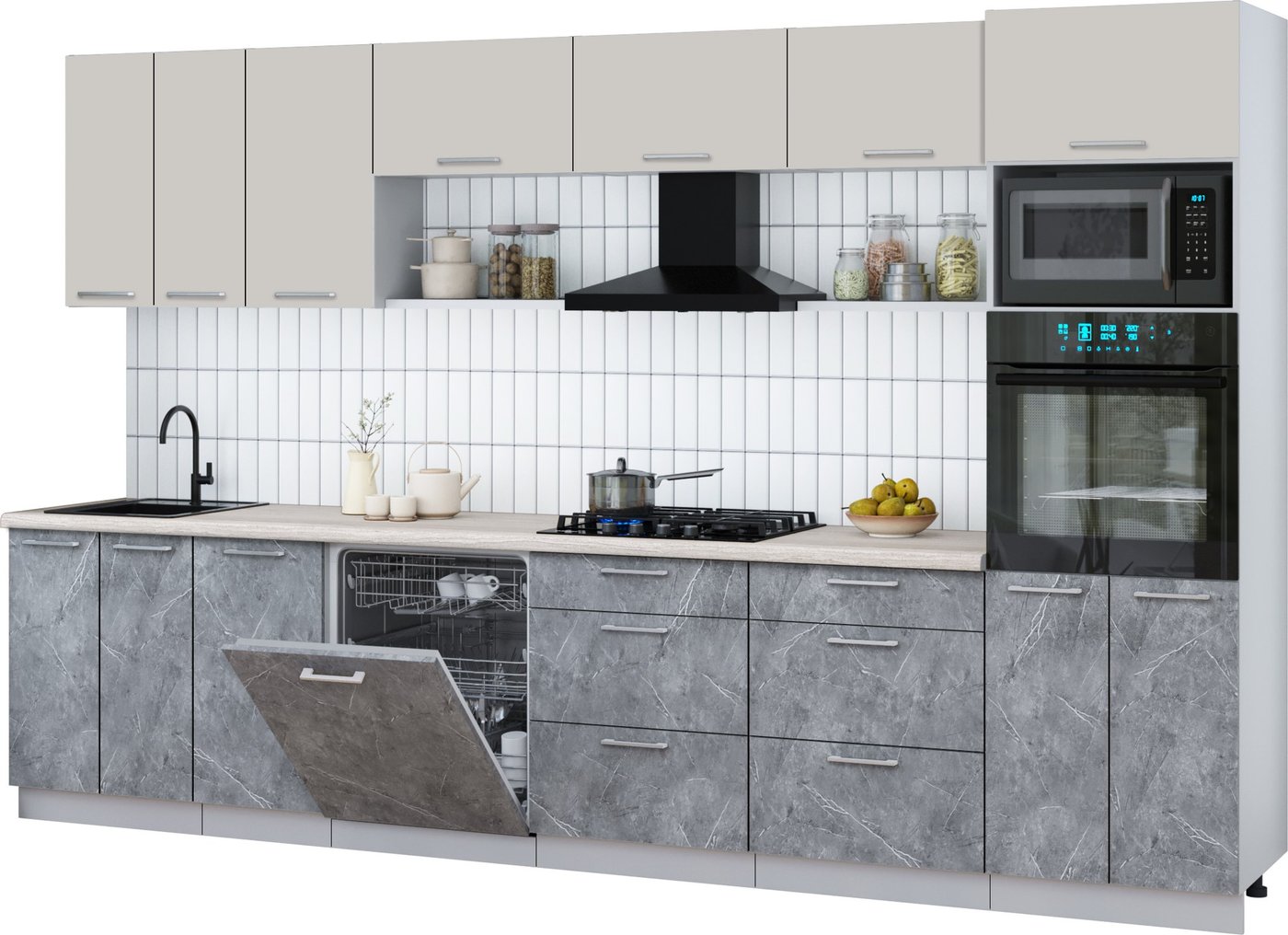 

Готовая кухня Интерлиния Мила Gloss 3.4-ПМ1-2 (керамика/кашемир/травертин серый)