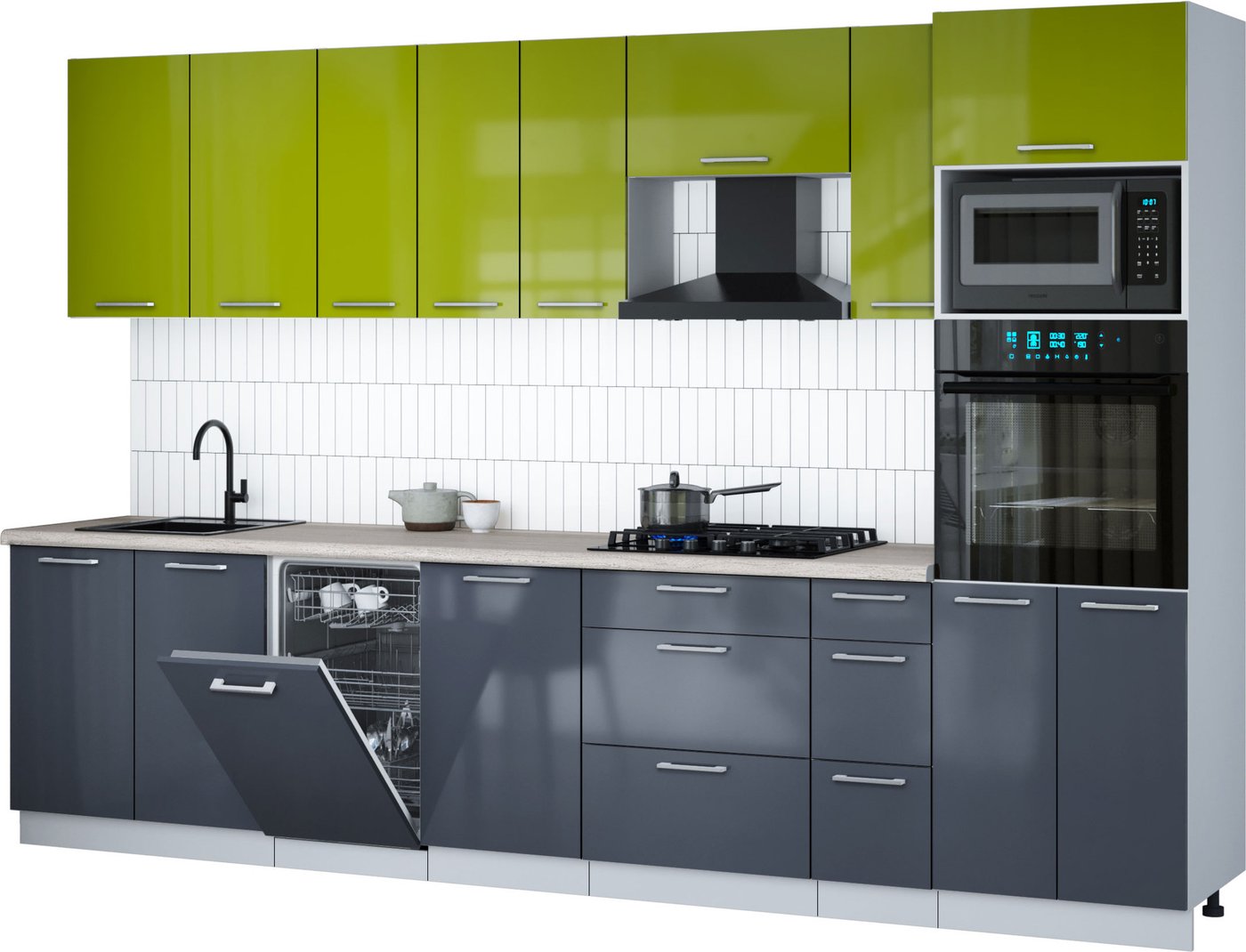 

Готовая кухня Интерлиния Мила Gloss 3.2-ПМ3 (асфальт глянец/яблоко глянец/травертин серый)