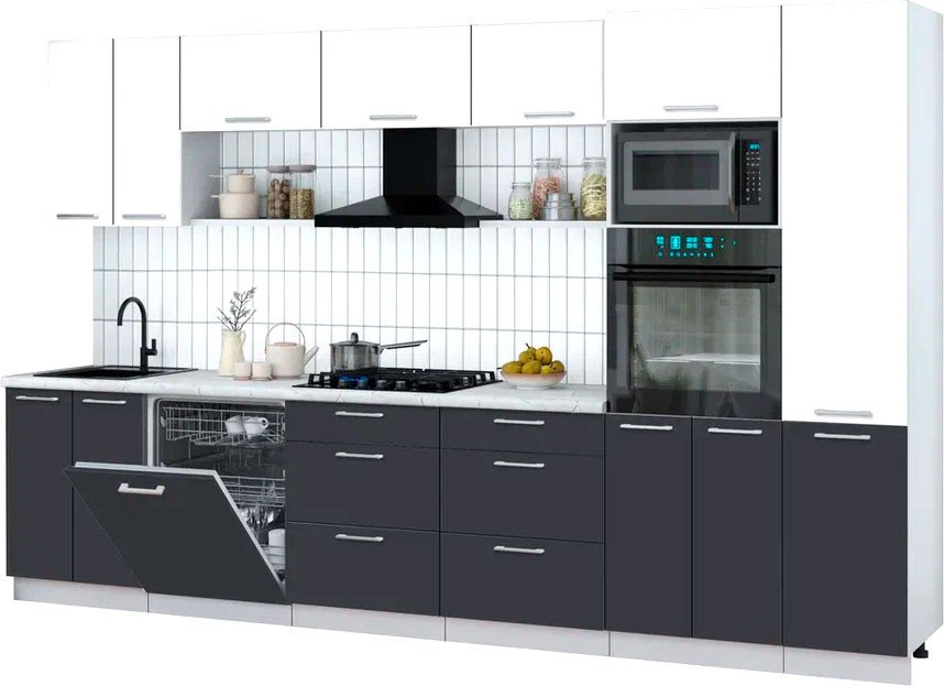 

Готовая кухня Интерлиния Мила Gloss 3.4-ПМ1 (пепел/белый глянец/серый каспий)