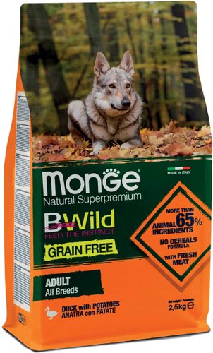 Сухой корм для собак Monge BWild Grain Free All Breeds Adult Duck with Potatoes (для всех пород с уткой и картофелем) 2.5 кг