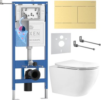 Унитаз подвесной Roxen Antares Tornado Long в комплекте с инсталляцией StounFix Dual Fresh 6 в 1 868465 (кнопка: брашированное золото матовая)