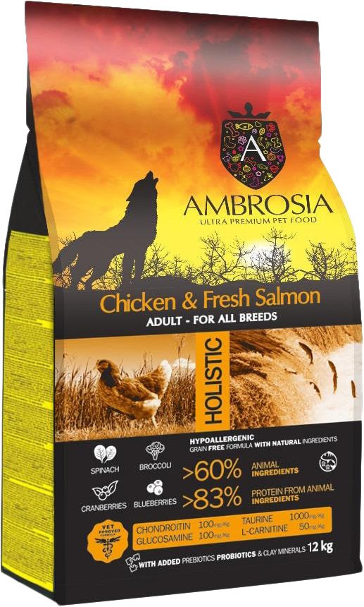 

Сухой корм для собак Ambrosia Adult All Breeds Chicken & Fresh Salmon (для всех пород с курицей и рыбой) 12 кг