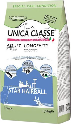 Сухой корм для кошек Unica Classe Special Care Condition Adult Longevity Star Hairball Trout 1.5 кг
