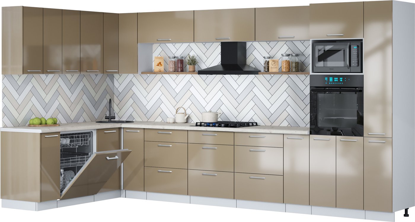 

Готовая кухня Интерлиния Мила Gloss 1.896х3.88 (капучино глянец/капучино глянец/бискайская сосна)