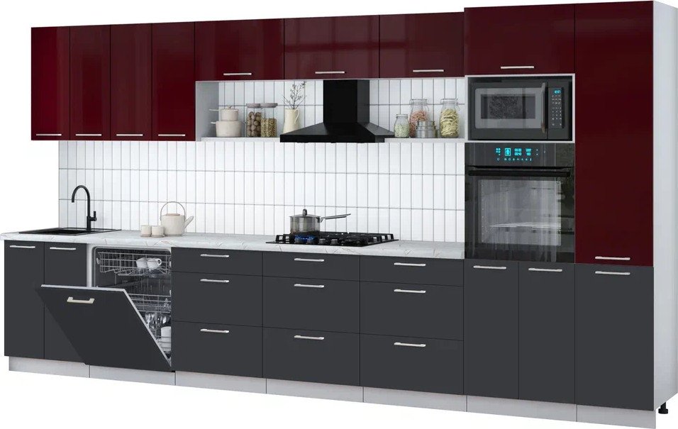 

Готовая кухня Интерлиния Мила Gloss 4.0-ПМ1 (пепел/бордовый глянец/серый каспий)