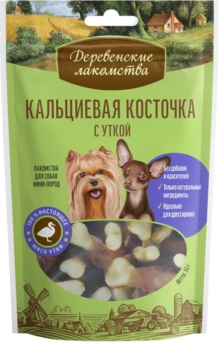 

Лакомство для собак Деревенские лакомства Кальциевая косточка с уткой для мини-пород 55 г