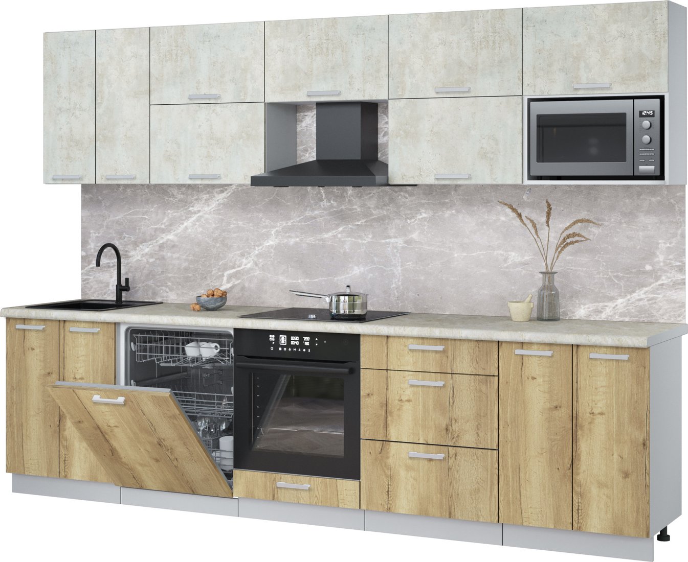 

Готовая кухня Интерлиния Мила Лайт 3.0-ПМ2 (бетон лайт/дуб золотой/опал светлый)