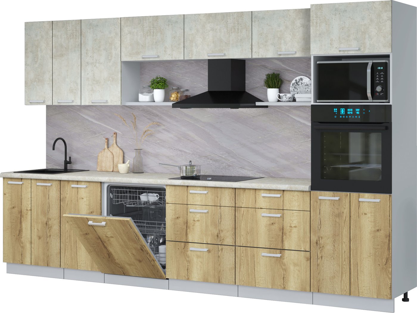 

Готовая кухня Интерлиния Мила Лайт 3.4-ПМ1-2 (бетон лайт/дуб золотой/опал светлый)