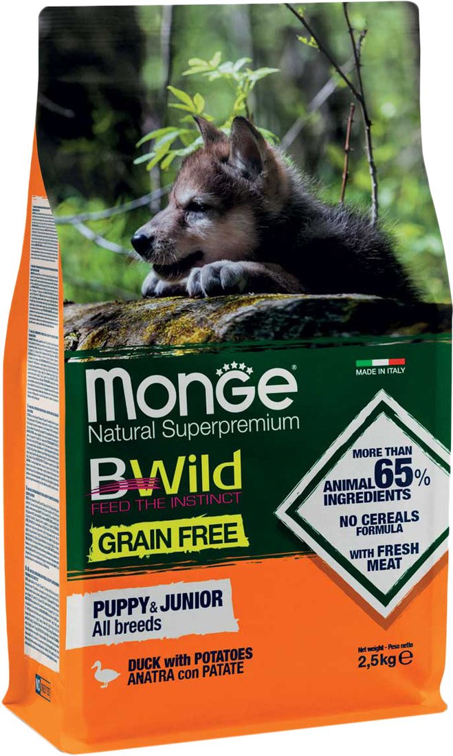 

Сухой корм для собак Monge BWild Grain Free All Breeds Puppy & Junior Duck with Potatoes (для щенков всех пород с уткой и картофелем) 2.5 кг