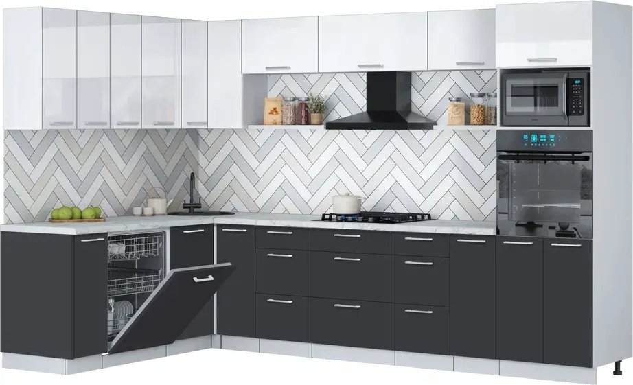 

Готовая кухня Интерлиния Мила Gloss 1.896х3.18 (пепел/белый глянец/серый каспий)