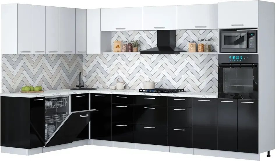 

Готовая кухня Интерлиния Мила Gloss 1.896х3.38-2 (черный глянец/белый/белый гранит)