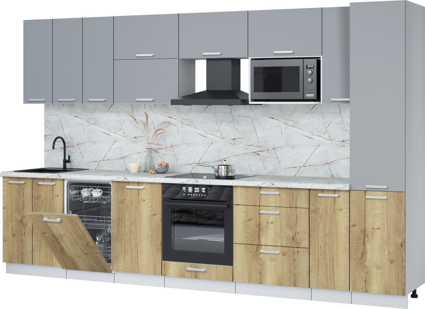 

Готовая кухня Интерлиния Мила Лайт 3.4-ПМ4 (серебро/дуб золотой/серый каспий)