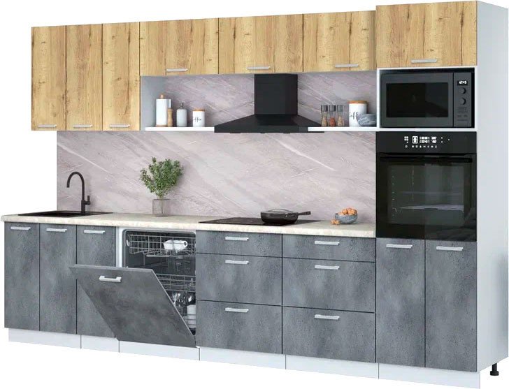 

Готовая кухня Интерлиния Мила Лайт 3.3-ПМ1-2 (дуб золотой/бетон портленд/опал светлый)