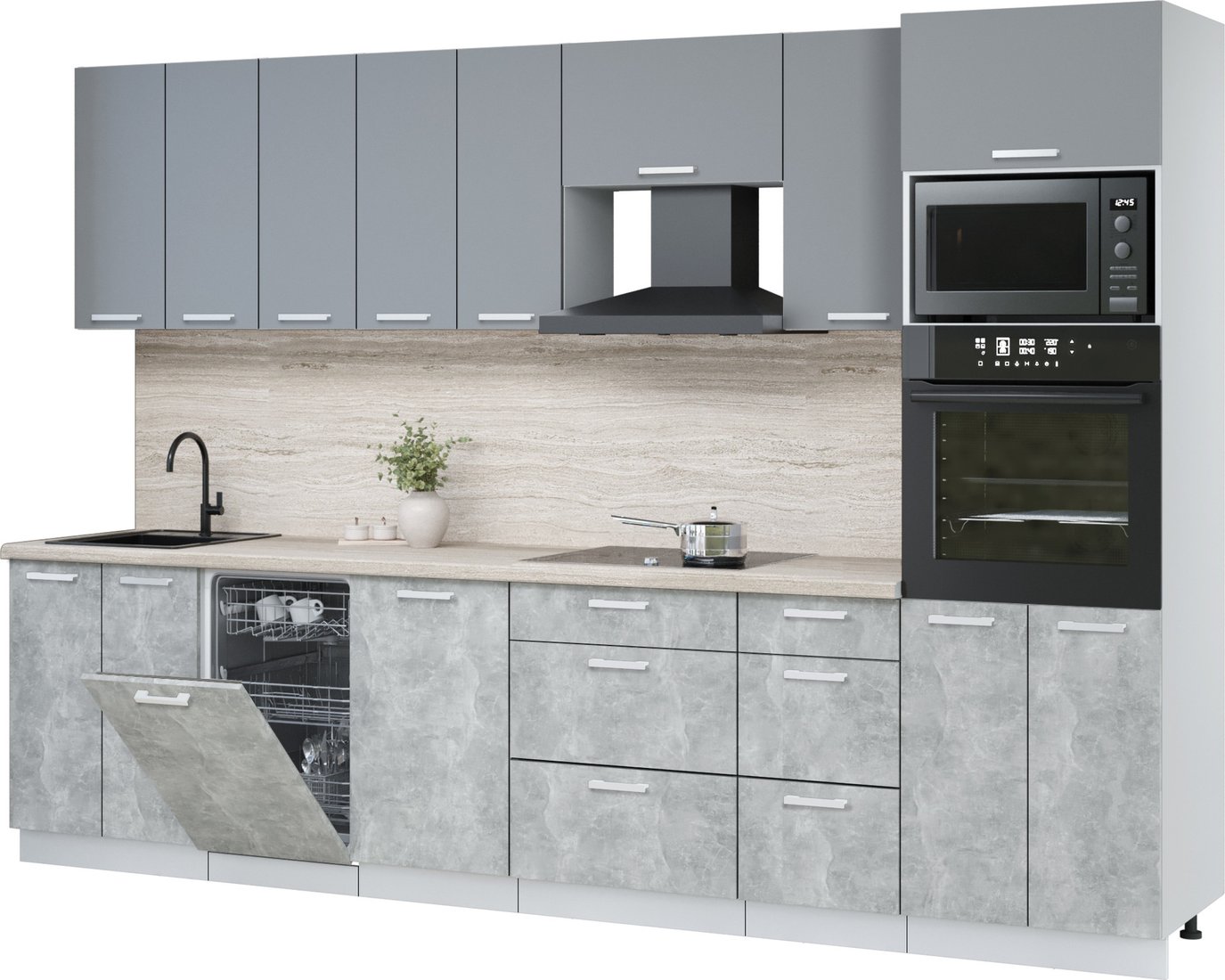 

Готовая кухня Интерлиния Мила Лайт 3.1-ПМ3 (серебро/бетон/травертин серый)