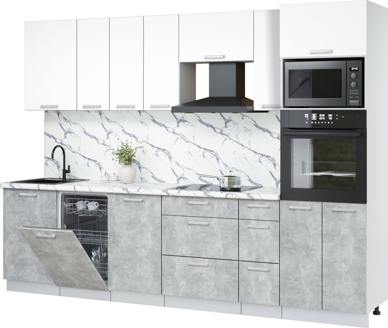 

Готовая кухня Интерлиния Мила Лайт 2.9-ПМ3 (белый платинум/бетон/белый гранит)