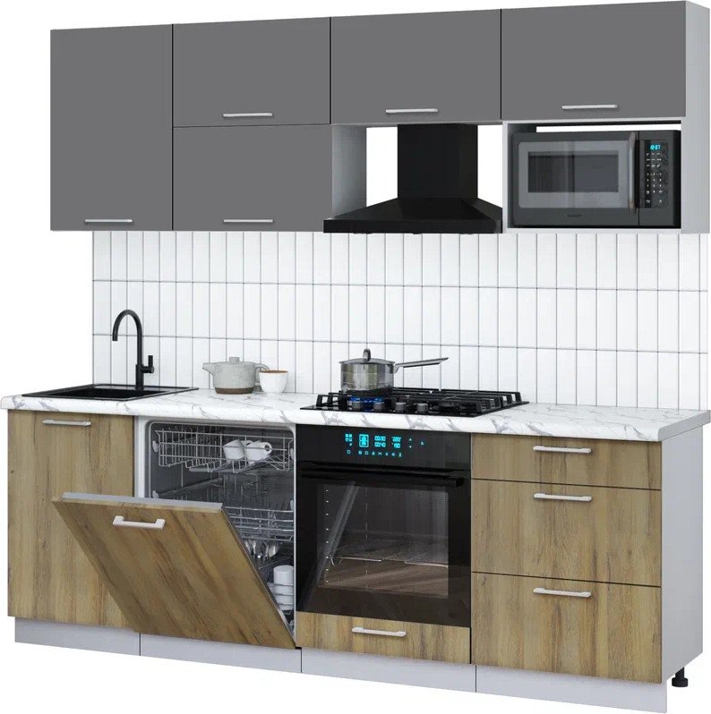 

Готовая кухня Интерлиния Мила Gloss 2.3-ПМ2 (дуб вотан/серый/белый гранит)