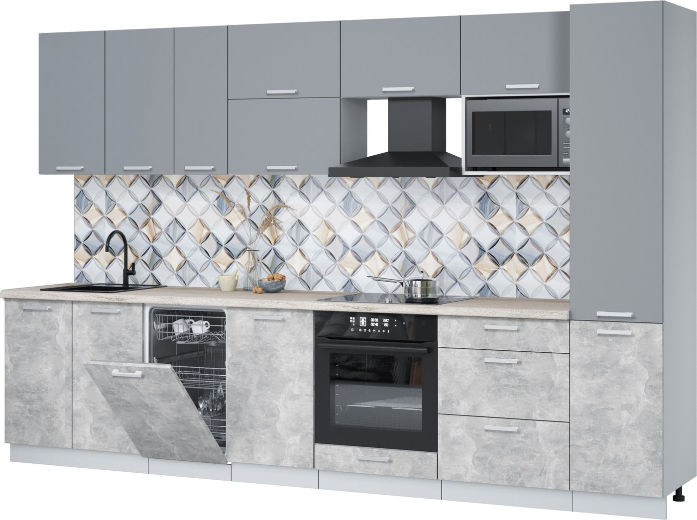 

Готовая кухня Интерлиния Мила Лайт 3.3-ПМ4 (серебро/бетон/травертин серый)