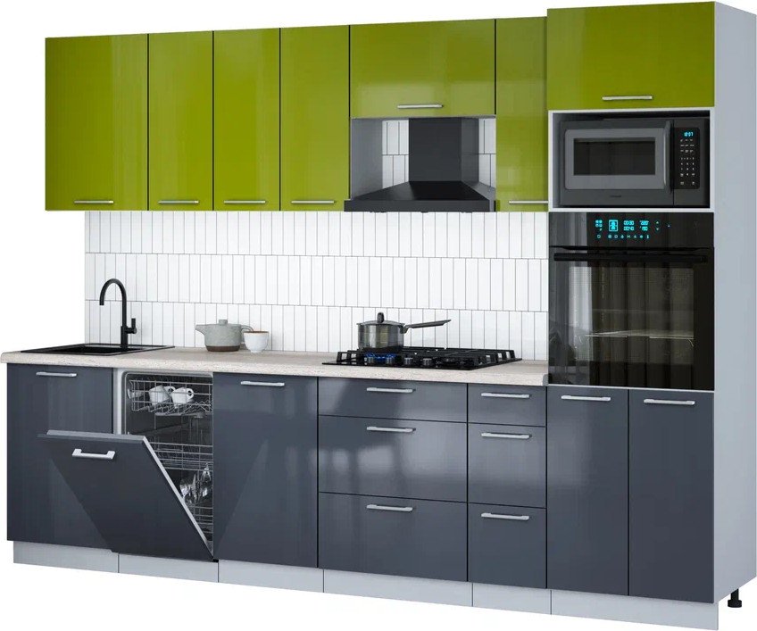 

Готовая кухня Интерлиния Мила Gloss 2.9-ПМ3 (асфальт глянец/яблоко глянец/травертин серый)